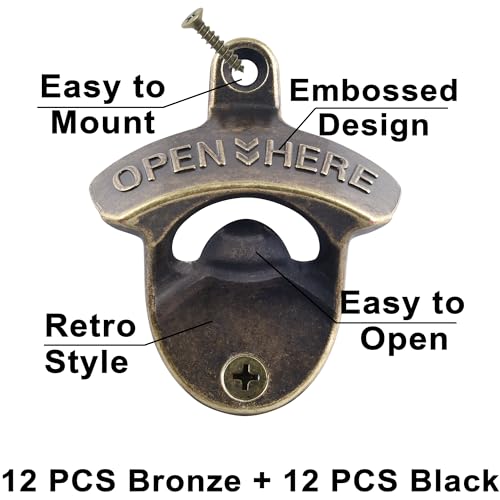 24 PCS Bulk Wall Mounted Bottle Opener (Black,Antique Bronze)