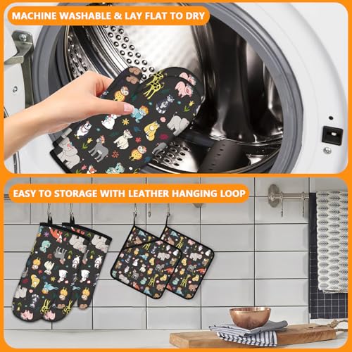 Cute Animals Oven Mitts and Animal World Pot Holders Sets 4Pcs (Cute Animals)