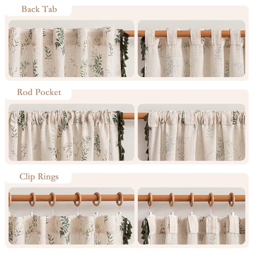 Linen Boho Floral Curtains 84 inches Long 2 Panels with Green Tassels Leaf Patterned Spring Vintage Cottage Core Light Filtering Semi Sheer Curtains for Living Room Bedroom (Green / 50"W x 84"L (Pack of 2))