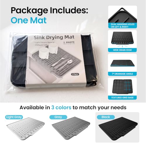 Foldable Silicone Dish Drying Mat for Kitchen Counter & Sink (Black / 15.7" x 12.3")