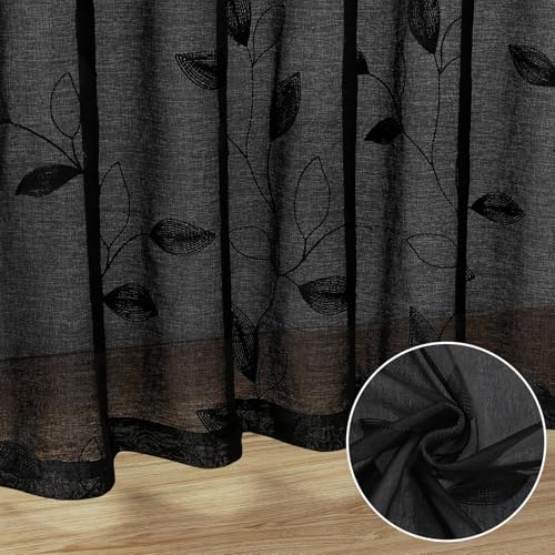 Black Sheer Curtains Leaf Embroidered (52"W x 96"L (Pack of 2) / Black)