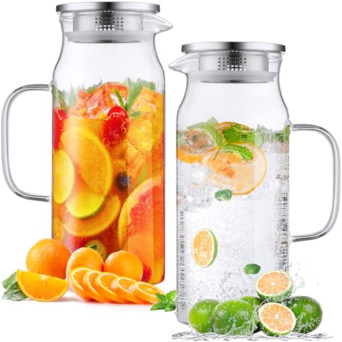 2 Pack 2 Liter 68 oz 2.1 Qt Glass Pitcher with Lid and Handle (Clear / 68 Ounces (2 Pack))