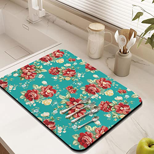 Coffee Bar Mat Accessories for Countertop Absorbent Hide Stain Rubber Backed Dish Drying Mats for Kitchen Counter Draining Pad Decor Gift (Boho Flowers / 18" x 24")