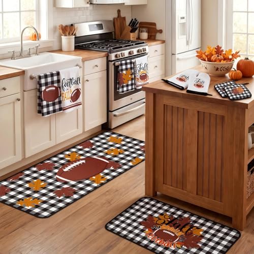 10 Pcs Fall Football Kitchen Decor Rugby Kitchen Accessory Set (Black and White Plaid / Fall Football)