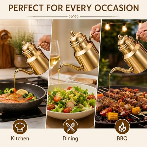 Oil Dispenser Vinegar Dispenser Bottle 15.22oz Stainless Steel Oil Can Container with Handle for Kitchen Restaurant Cooking BBQ Golden