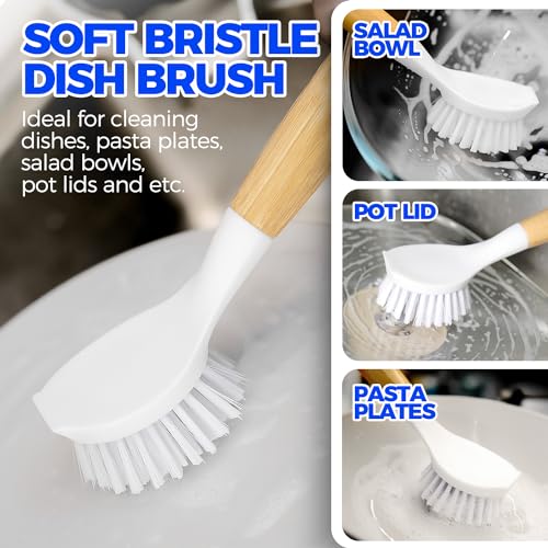 3 Pack Dish Brush with Bamboo Handle Cleaning Brush (White Yellow Black)