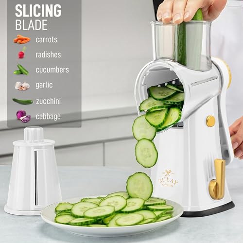 Rotary Cheese Grater Manual Hand Crank 5 Blade Shredder (5 Blades / White & Gold)