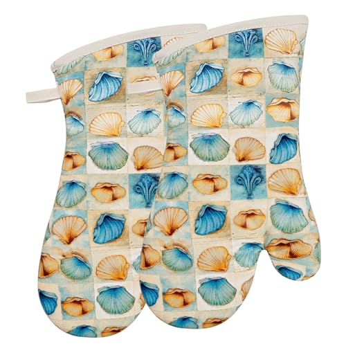 Oven Mitts Gloves 1 Pair Heat Resistant 480 ℉ Non Slip Clear Silicone Printed Shell Comfortable Cotton Lining Kitchen Men Cooking Barbecue Machine Washable (Shell, Beige Mitts)