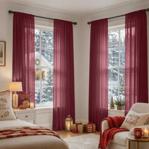 4 Panels Burgundy Christmas Sheer Curtains 42 x 96 Inches (42"W x 96"L (Pack of 4) / Burgundy)