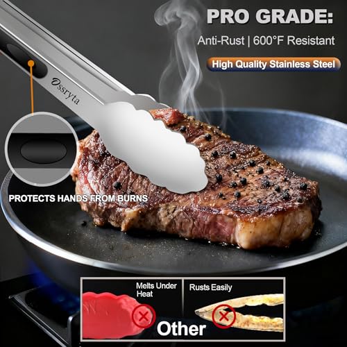 Stainless Steel Cooking Tongs Set of 3 (Silver 3 Pieces / 7+9+12 inch)