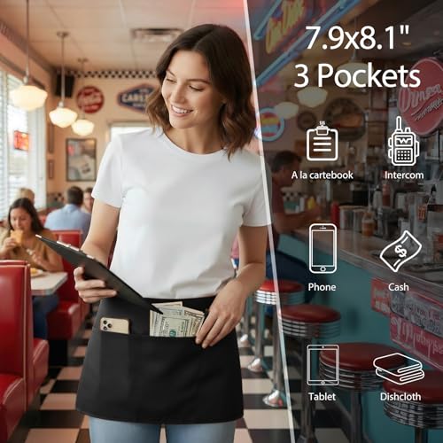 Waist Apron with 3 Pockets 12 Pack (12 Pack Black)