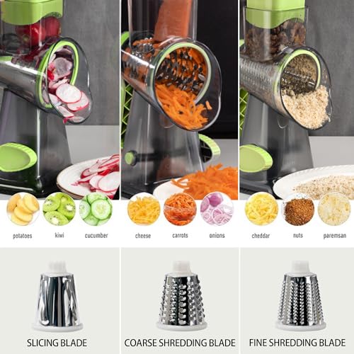 Cheese Grater Hand Crank Rotary Vegetables Shredder with Handle (Green)