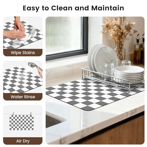 Checkered Dish Mat for Kitchen Coffee Station (Grey / 16" x 24")