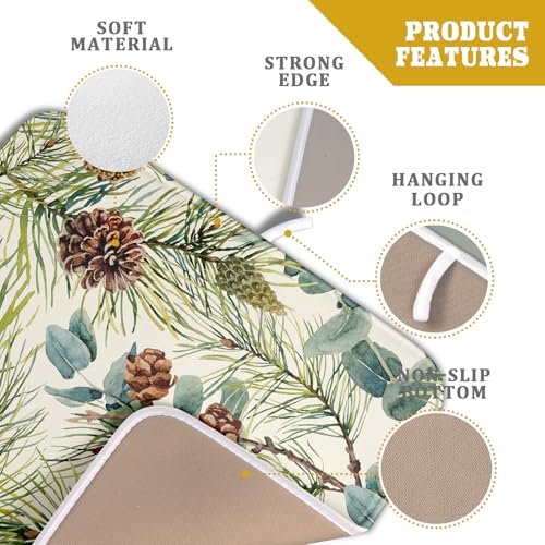 Winter Dish Drying Mat for Kitchen Counter 16x18 Christmas Evergreen Leaves Pinecone Holiday Theme Absorbent Reversible Microfiber Drying Mats Kitchen Countertop Protector Dishes Drainer Pad (16" x 18")