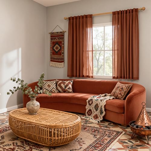 Sheer Linen Curtains 63 Inch Length for Bedroom (50"W x 63"L (Pack of 2) / Terracotta)