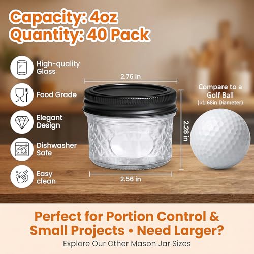 4oz Clear Glass Mini Mason Jars (4oz - Diamond Appearance - Split Black Lid)