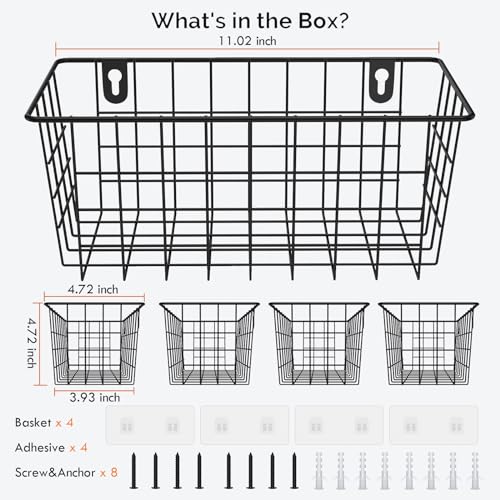 Hanging Wire Baskets Kitchen Storage Basket Adhesive and Screws Basket Over the Cabinet Door Organizer with Adhesive Strips and Screws Accessories (Black / 2 Installations-4PACK)