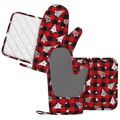 Red Gingham Plaid Christmas Tree Oven Mitts and Pot Holders Set (Red Black White)