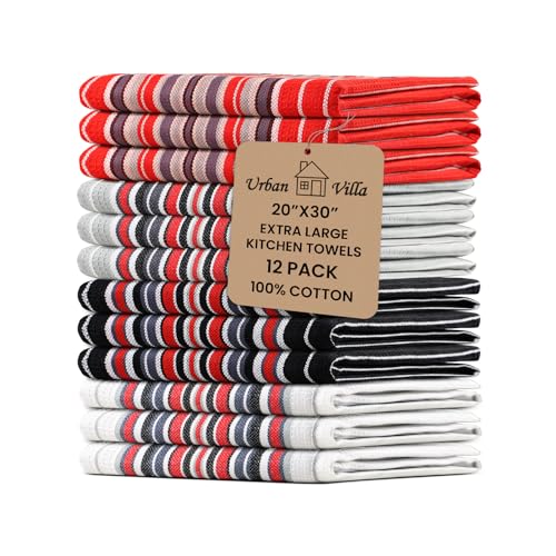 Kitchen Towel Cotton Dish Towes 20”x30” (20" x 30" (Set of 12) / 082 White/Grey/Black/Red)