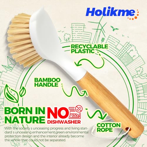 3 Pack Dish Brush with Bamboo Handle Cleaning Brush (White Yellow Black)