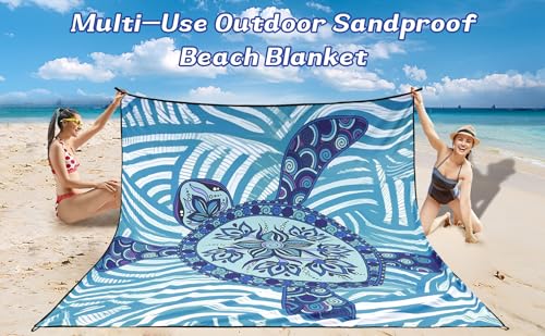 Beach Blanket Mat Waterproof Sandproof for 2 (Blue Sea Turtle - Line Base / 79" X 83"（1-4person）)