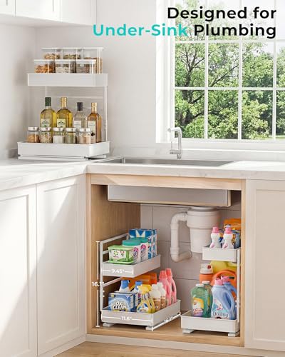 Height Adjustable 2 Tier Metal Pull Out Slide Shelf Organizer for Framed or Frameless Under Sink Cabinets in Kitchen (2 Sets / White)