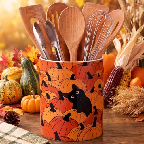 Fall Utensil Holder Black Cat Pumpkin for Fall Kitchen (Orange Pumpkin Cat)