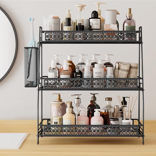 Vintage 3 Tier Bathroom Counter Organizer with Bonus Basket (Black / 3 Tier Large with Basket)