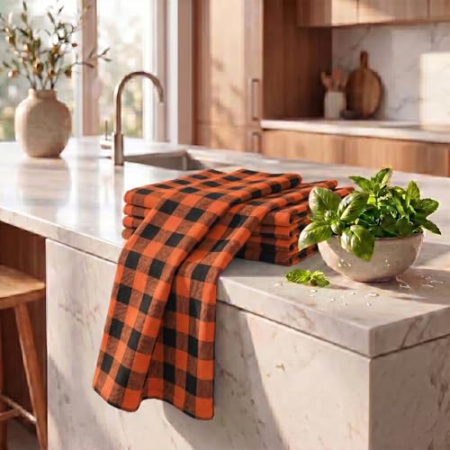 Kitchen Towels Cotton Dish Towels 20”x30” (20" x 30" (Set of 6) / 149 Orange/Black - Check)
