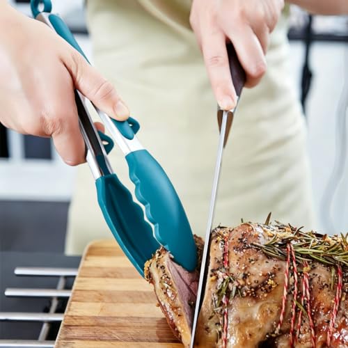 9" Kitchen Tongs for cooking with Silicone Tips (9 Inch / Peacock Blue)