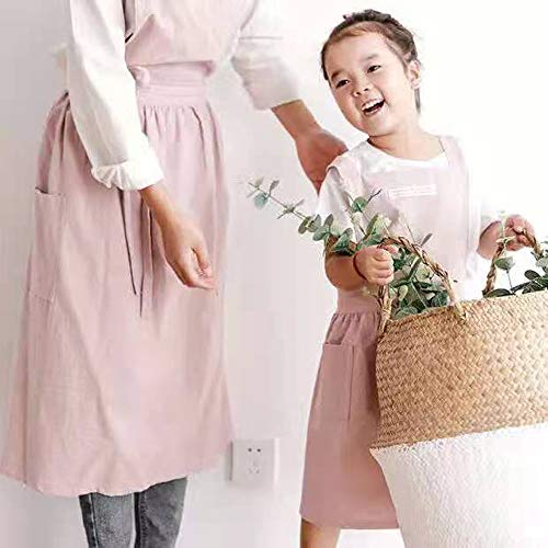Cotton and linen Kitchen Cooking Aprons Dress for Women with Pockets Cute for Baking Painting Gardening Cleaning (Pink Apron)