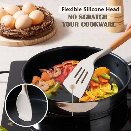 Cooking Utensils Set with Holder & Heat Resistant Wood Handle (25 / Khaki)