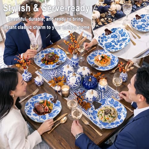 4 Pcs Chinoiserie Blue and White Fall Pumpkin Ceramic Plate 8.6" Decor (Blue Floral)