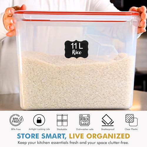 2 PC (11L | 372 oz) Flour Sugar Storage Containers with Easy Carry Handle - Plastic Extra Large Food Storage Containers with Lids for Rice Cereal, BPA Free & Airtight Kitchen Pantry Organization (Red)