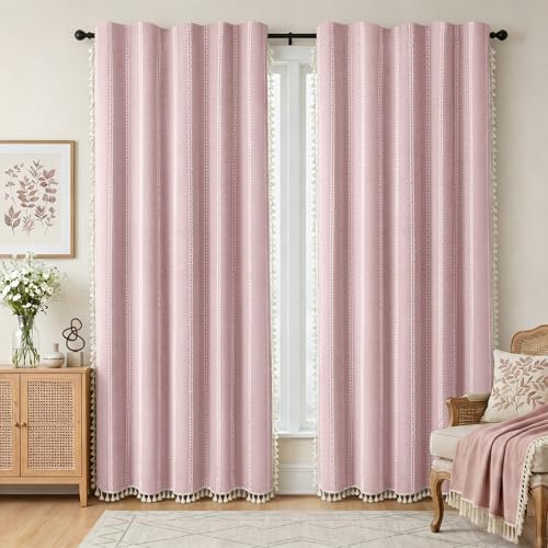 Pink 100% Boho Blackout Curtains 84 Inch 2 Panels with Tassels (Pink / 52"W x 84"L (Pack of 2))