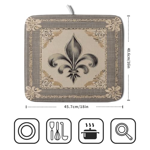 Mardi Gras Dish Drying Mat for Kitchen Vintage Fleur De Lis Print Dish Drainer Mats 16x18inch Country Style Dish Drying Rack Pad Protector for Countertop Dining Holiday Decor (18" x 16")