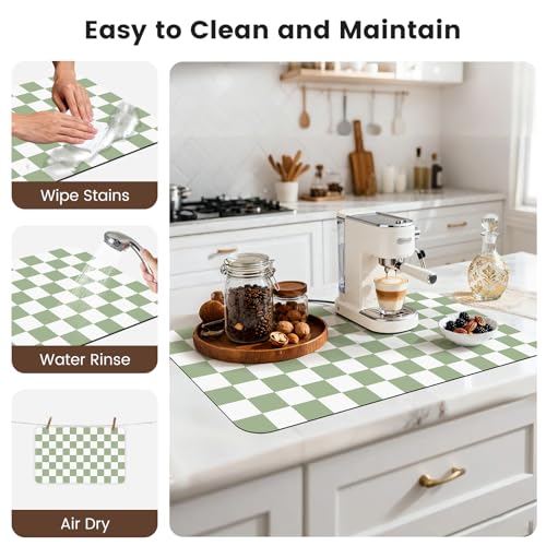 Checkered Dish Mat for Kitchen Coffee Station (Sage / 17" x 32")