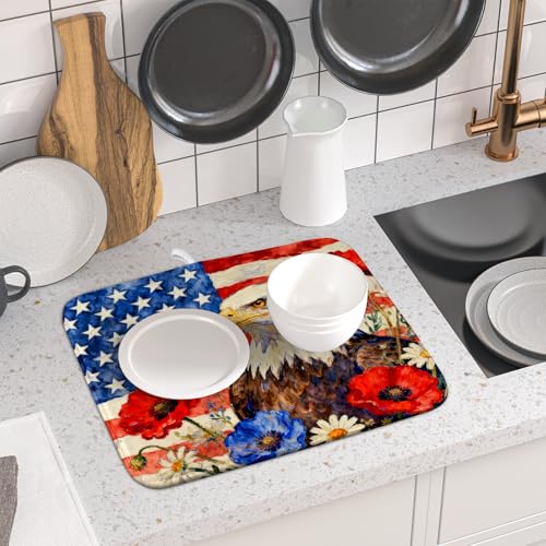 4th of July American Flag Eagle Dish Drying Mat for Kitchen Counter 16x18 Patriotic Floral Memorial Day Absorbent Reversible Microfiber Drying Mats Kitchen Countertop Protector Dishes Drainer Pad (16" x 18")