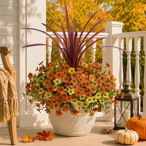 Artificial Fall Flowers Faux Mums for Outdoor Indoor Garden Home Decoration (Orangeyellow)