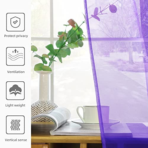 Solid Sheer Rod Pocket Curtain Voile Draperies 2 Panels White Beige Black Grey Coffee 52 Inch Width 63 Inch Long 1 Pair for Kitchen Bedroom Children Living Room Yard (Purple / 52"W x 63"L (Pack of 2))