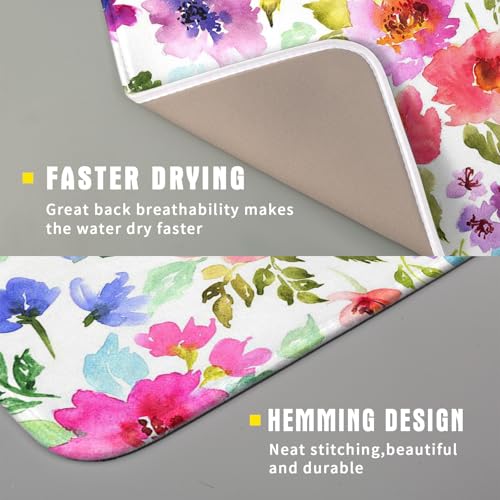 Spring Floral Dish Drying Mat for Kitchen Counter Flower Microfiber Absorbent Dish Draining Reusable Washable Foldable 16"x18" (18" x 16")