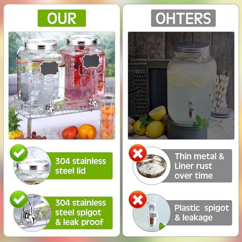 3 Pcs 2.5 Gallon Beverage Dispensers for Parties Glass Drink Water Dispenser with Stand Stainless Steel Leakproof Spigot Ice Cylinder Hanging Chalkboard Signs Pen (Silver)