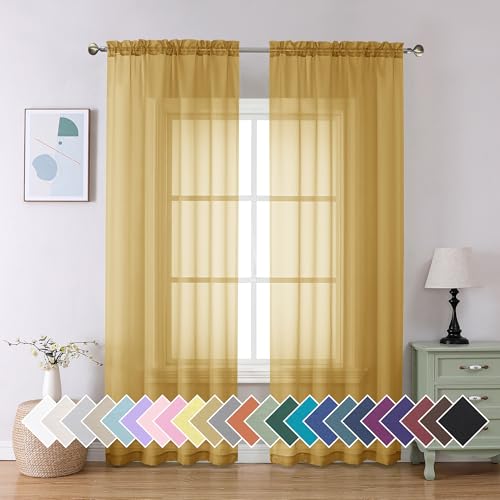 Gold Sheer Curtain 84 Inches Long 2 Panels Set (40"W x 84"L (Pack of 2) / Gold)