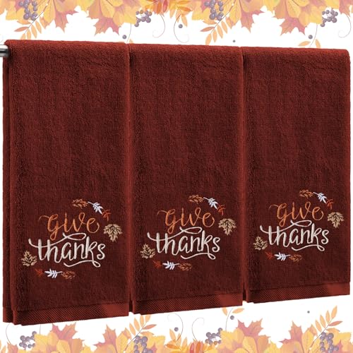 3 Pcs Fall Hand Towels for Bathroom 13.8 x 29.5 Inch Autumn Decorative Bath Towels Sets 100% Cotton Embroidered Pumpkin Maple Thanksgiving Bathroom Decor (Red Brown / Thanks)