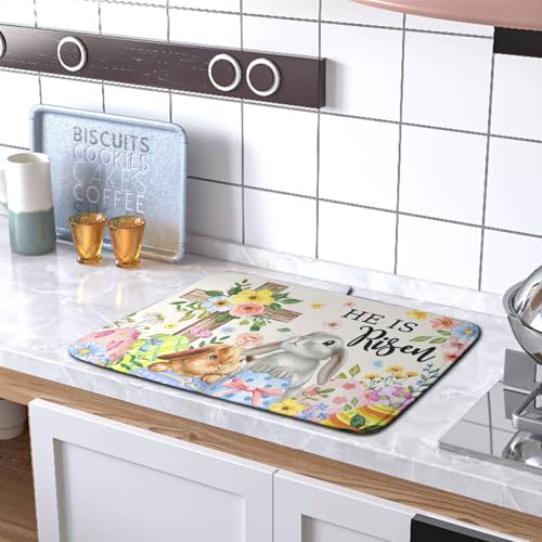 He is Risen Easter Dish Drying Mat for Kitchen Counter Bunny Floral Cross Dish Drainer Mats Spring Rabbit Flowers Egg Dish Drying Pads Absorbent Microfiber Reusable Dish Rack Mat 18x24 Inch (Easter He is Risen / 18" x 24")