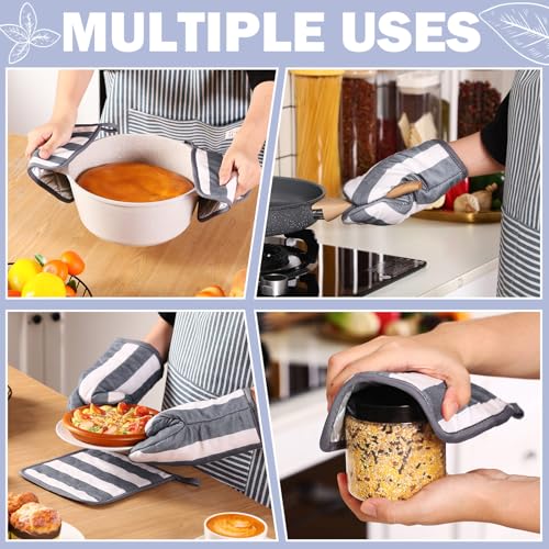 4 Pcs Stripe Oven Mitts and Pot Holders Set (Gray)