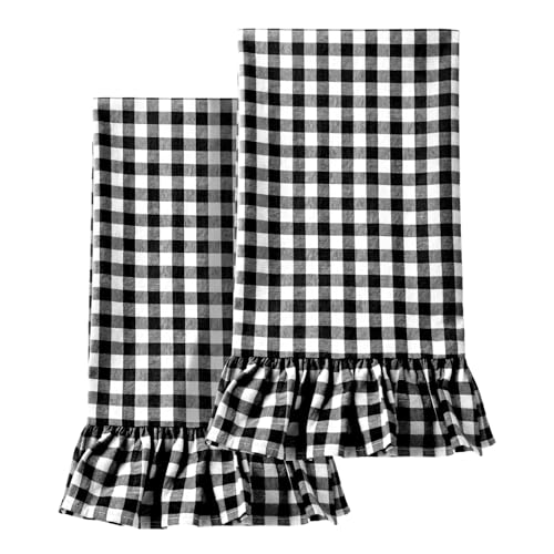 2 Pcs Matte Black Gingham Kitchen Towels Cotton Ruffled (Matte Black / Gingham)