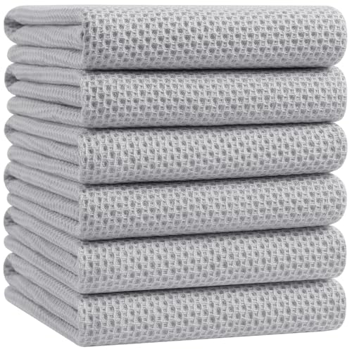 100% Cotton Oversized Waffle Weave Kitchen Towels 6 (Light Gray / 20 X 28 - 6 Pack)