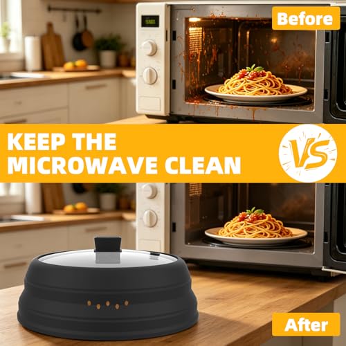 Microwave Splatter Cover Glass Cover Guard Lid with Collapsible Silicone for Food Pot Plate Cover 11.8 inch Black (BLACK / 11.8 inch)