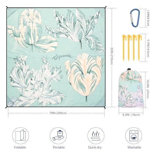 Waterproof Sandproof Beach Blanket Mat for 1 (79" X 83"（1~3 person） / Elegant Plain Green Floral)